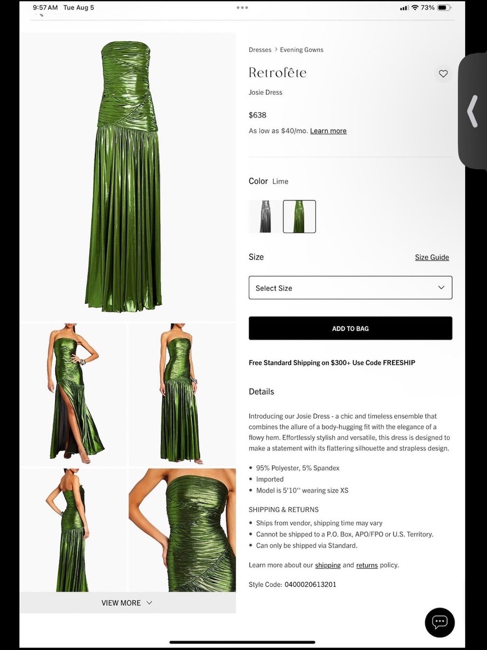 Retrofête Josie Strapless Metallic Lime Gown